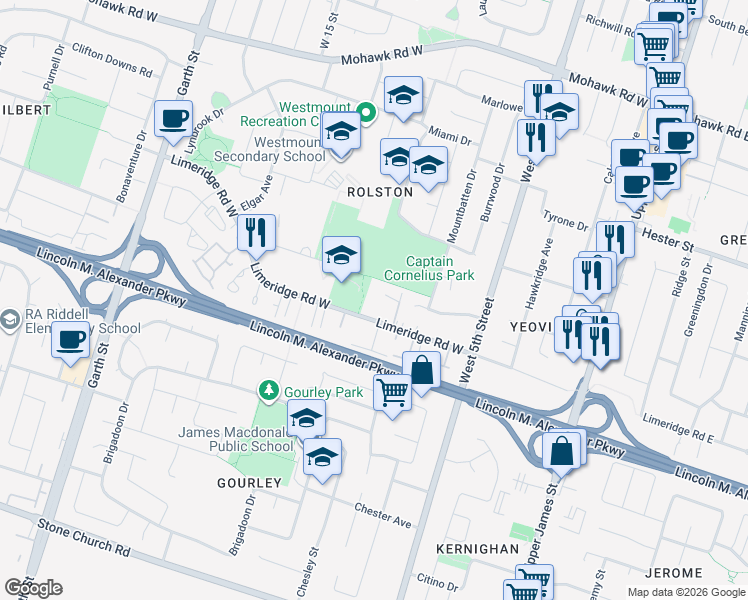 map of restaurants, bars, coffee shops, grocery stores, and more near 200 Limeridge Road West in Hamilton