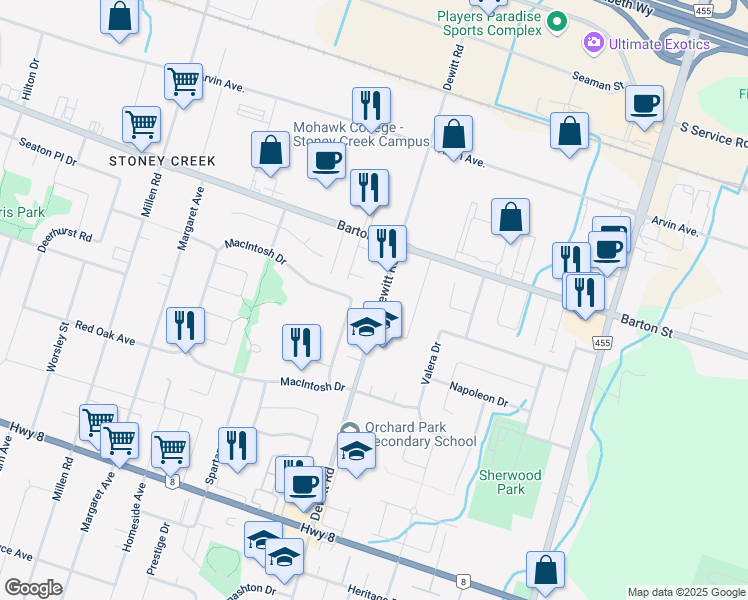 map of restaurants, bars, coffee shops, grocery stores, and more near 275 Dewitt Road in Hamilton