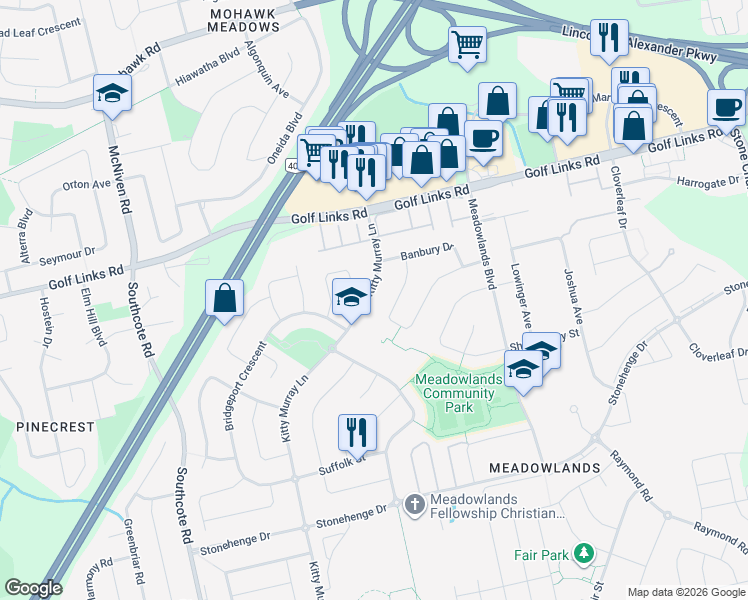 map of restaurants, bars, coffee shops, grocery stores, and more near 73 Kitty Murray Lane in Hamilton