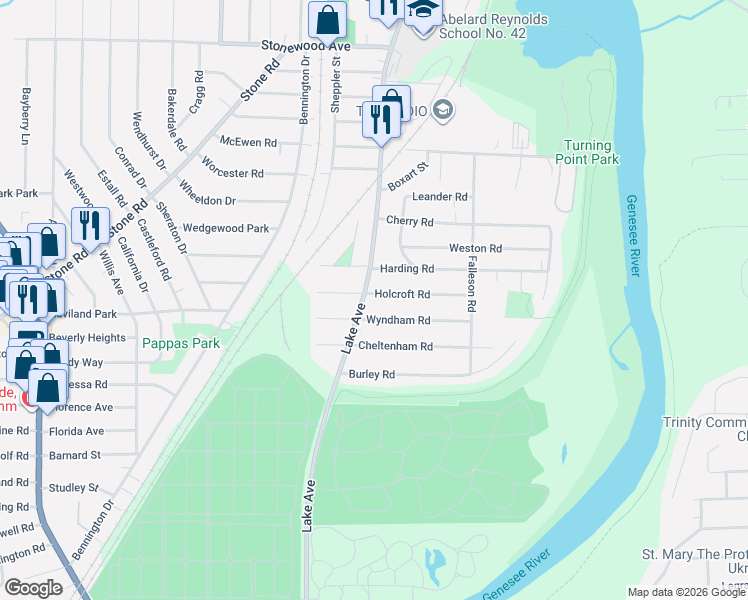 map of restaurants, bars, coffee shops, grocery stores, and more near 46 Wyndham Road in Rochester