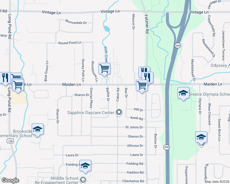 map of restaurants, bars, coffee shops, grocery stores, and more near 725 Cabot Road in Rochester