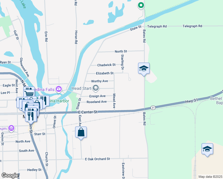 map of restaurants, bars, coffee shops, grocery stores, and more near 301 Mead Avenue in Medina