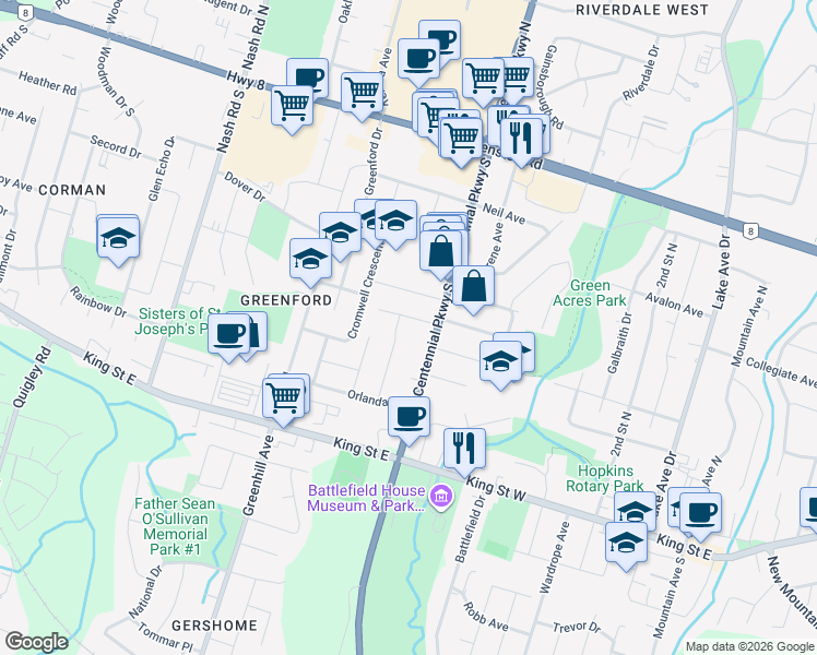 map of restaurants, bars, coffee shops, grocery stores, and more near 43 Centennial Parkway South in Hamilton