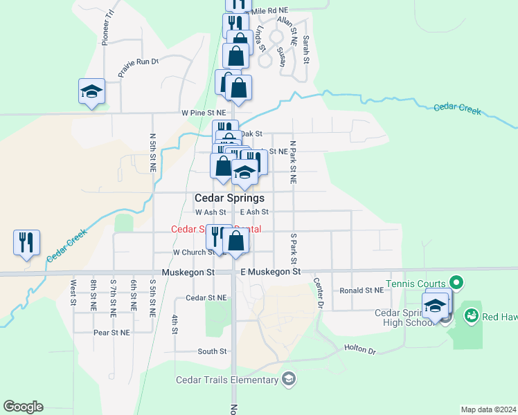 map of restaurants, bars, coffee shops, grocery stores, and more near 54 South 1st Street in Cedar Springs