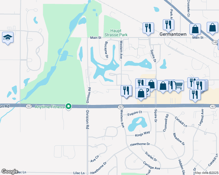 map of restaurants, bars, coffee shops, grocery stores, and more near N113W16861 Driftwood Court in Germantown