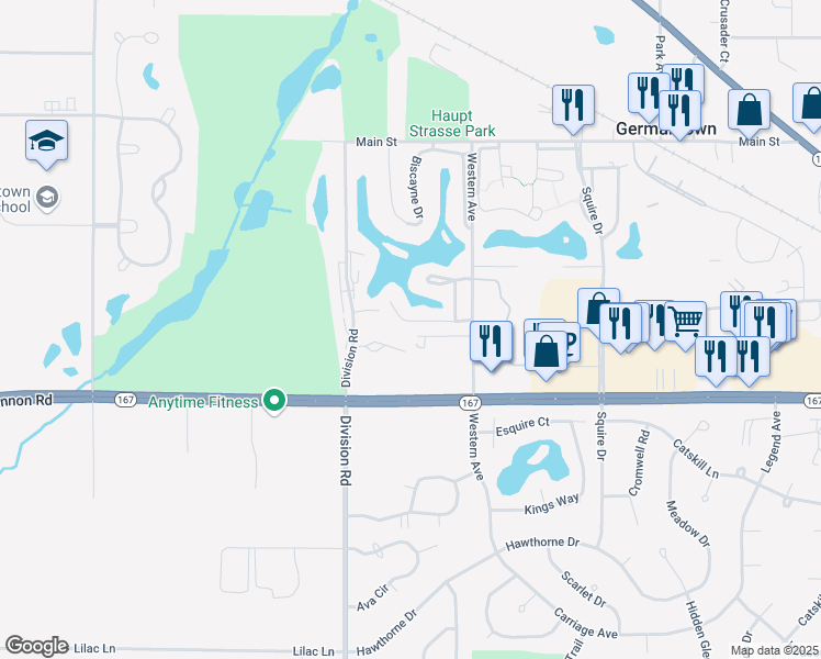 map of restaurants, bars, coffee shops, grocery stores, and more near N112W17032 Vista Court in Germantown