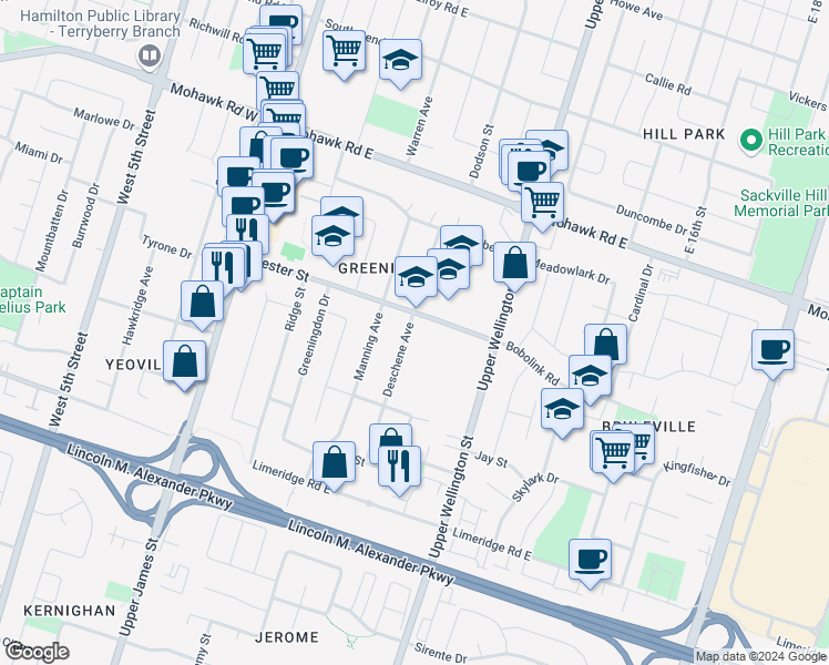 map of restaurants, bars, coffee shops, grocery stores, and more near 99 Deschene Avenue in Hamilton