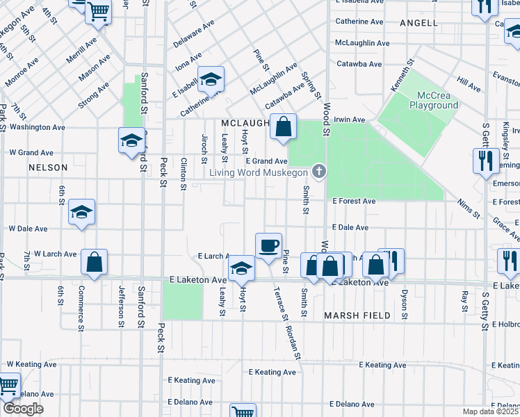 map of restaurants, bars, coffee shops, grocery stores, and more near 1621 Terrace Street in Muskegon