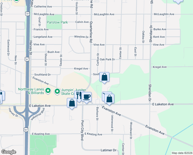 map of restaurants, bars, coffee shops, grocery stores, and more near 2061 Southland Drive in Muskegon