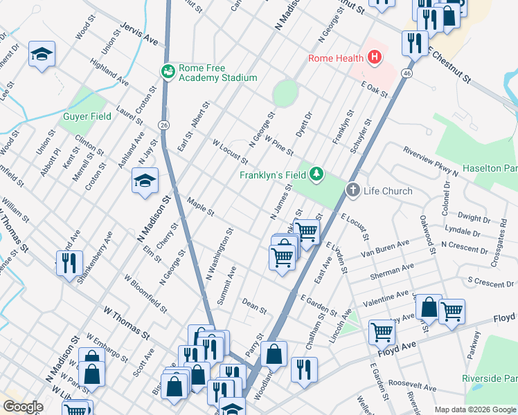 map of restaurants, bars, coffee shops, grocery stores, and more near 110 West Linden Street in Rome