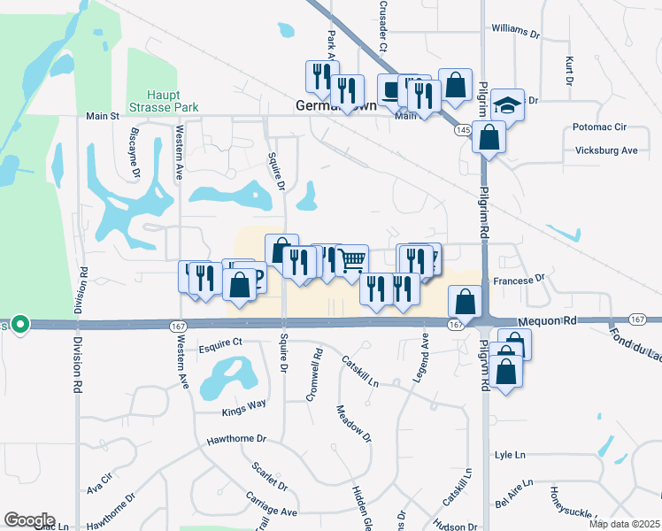 map of restaurants, bars, coffee shops, grocery stores, and more near N112 W16200 Mequon Road in Germantown