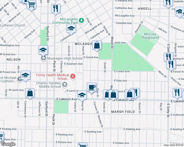 map of restaurants, bars, coffee shops, grocery stores, and more near 1647 Terrace Street in Muskegon