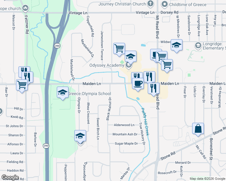 map of restaurants, bars, coffee shops, grocery stores, and more near 52 Black Walnut Drive in Rochester