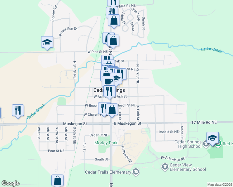 map of restaurants, bars, coffee shops, grocery stores, and more near 66 South Main in Cedar Springs