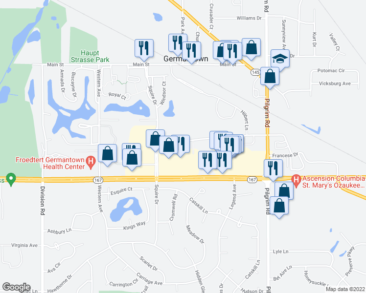 map of restaurants, bars, coffee shops, grocery stores, and more near N112 W16200 Mequon Road in Germantown