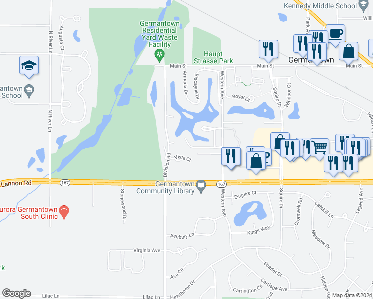 map of restaurants, bars, coffee shops, grocery stores, and more near N112W17032 Vista Court in Germantown
