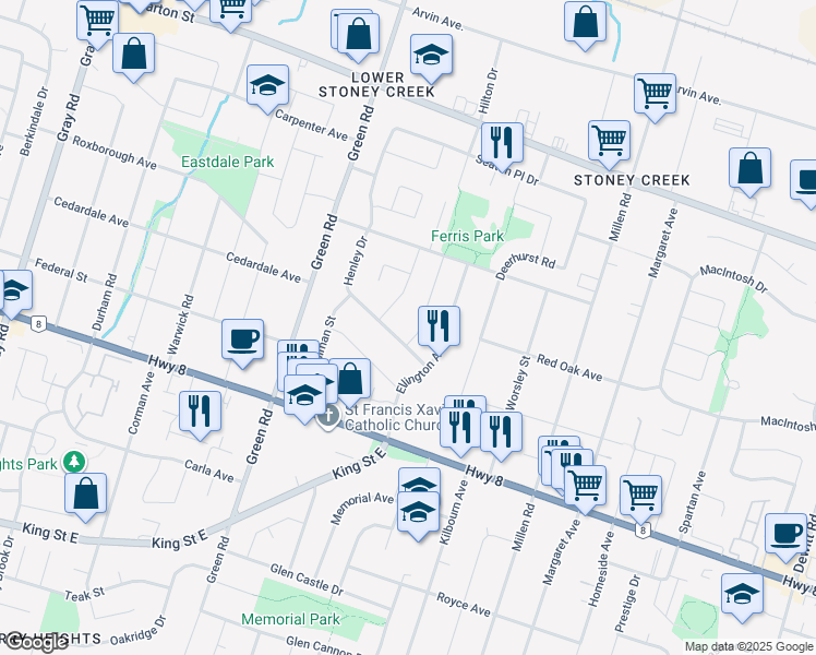 map of restaurants, bars, coffee shops, grocery stores, and more near 16 Henley Drive in Hamilton