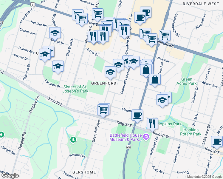 map of restaurants, bars, coffee shops, grocery stores, and more near 62 Owen Place in Hamilton