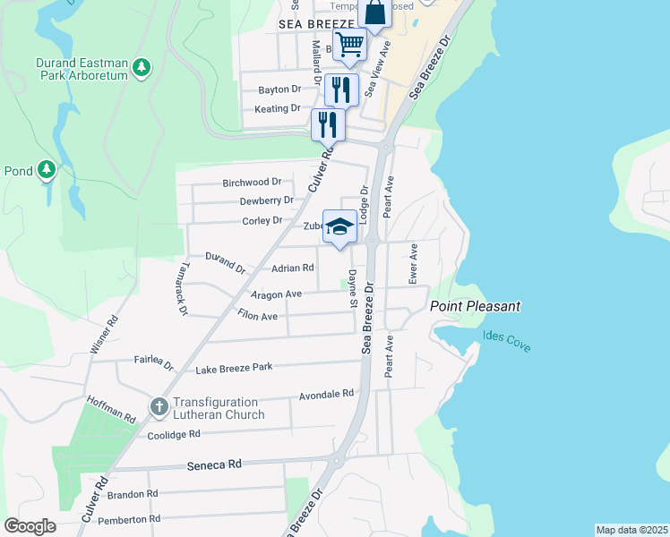 map of restaurants, bars, coffee shops, grocery stores, and more near 95 Point Pleasant Road in Rochester