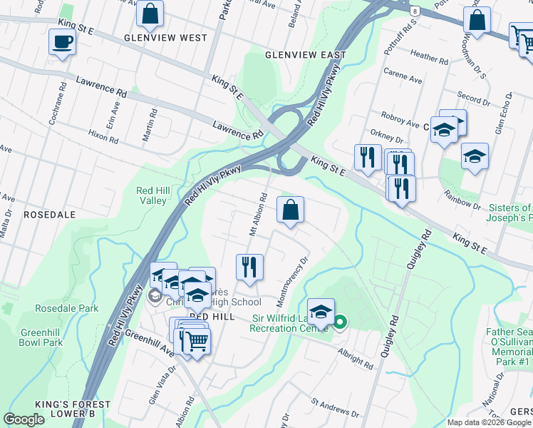 map of restaurants, bars, coffee shops, grocery stores, and more near 65 Mount Albion Road in Hamilton