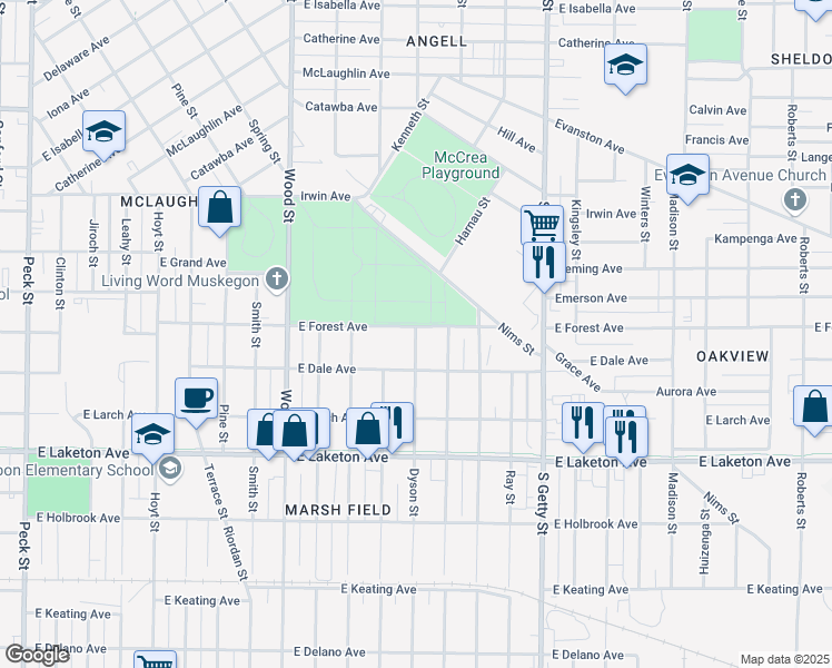 map of restaurants, bars, coffee shops, grocery stores, and more near 1608 Dyson Street in Muskegon