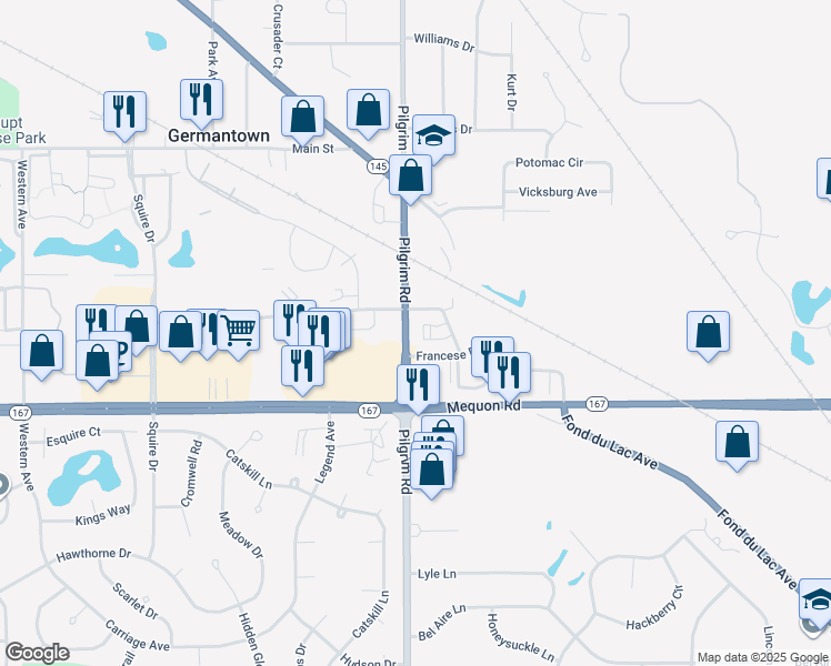 map of restaurants, bars, coffee shops, grocery stores, and more near W156N11340 Pilgrim Road in Germantown