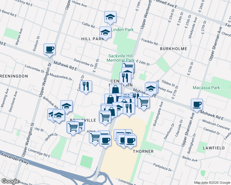 map of restaurants, bars, coffee shops, grocery stores, and more near 95 Fieldway Drive in Hamilton