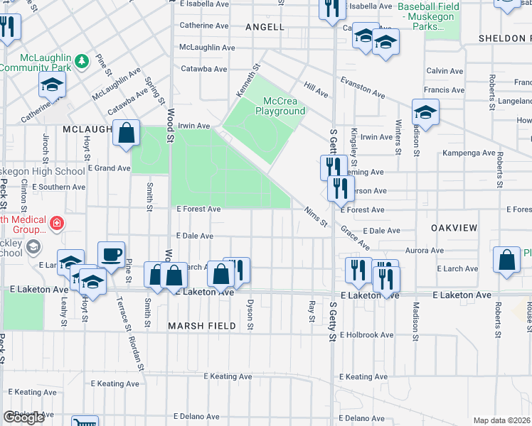map of restaurants, bars, coffee shops, grocery stores, and more near 1642 Dyson Street in Muskegon