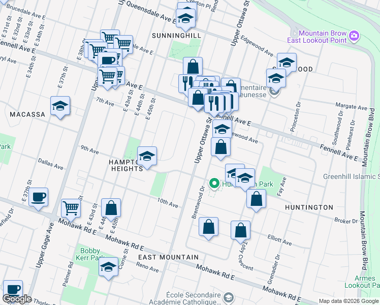 map of restaurants, bars, coffee shops, grocery stores, and more near 186 Fernwood Crescent in Hamilton