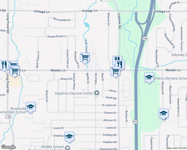 map of restaurants, bars, coffee shops, grocery stores, and more near 725 Cabot Road in Rochester