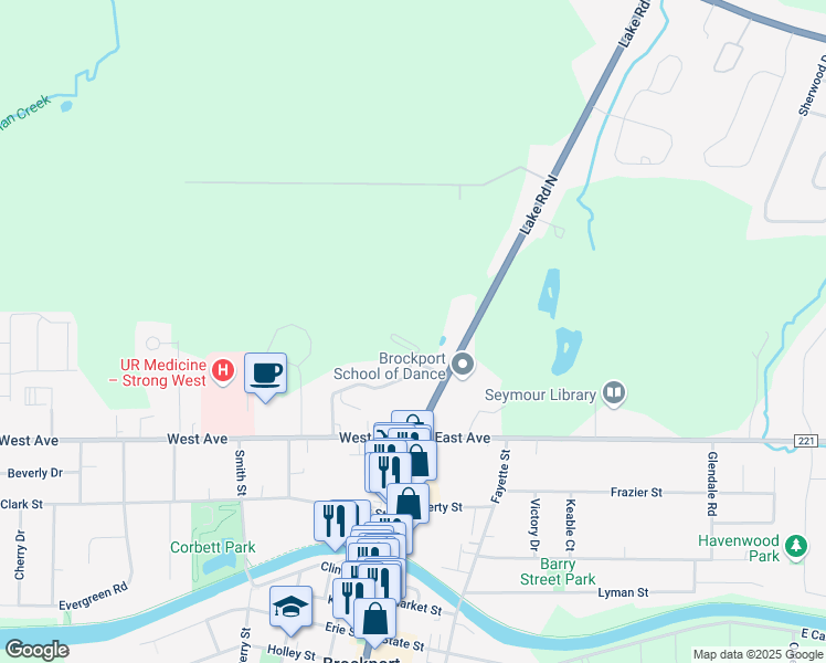 map of restaurants, bars, coffee shops, grocery stores, and more near Wellington Woods Drive East in Brockport