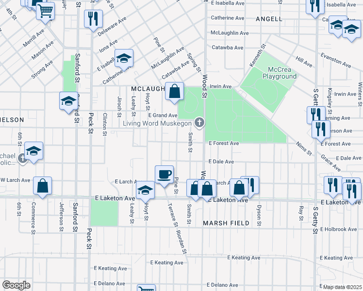 map of restaurants, bars, coffee shops, grocery stores, and more near 1650 Pine Street in Muskegon