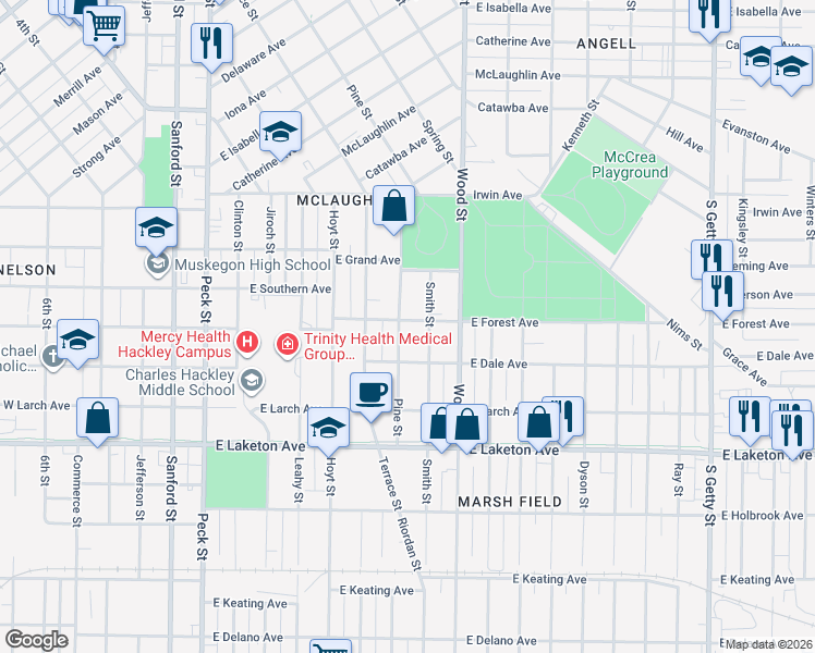 map of restaurants, bars, coffee shops, grocery stores, and more near 319 East Forest Avenue in Muskegon