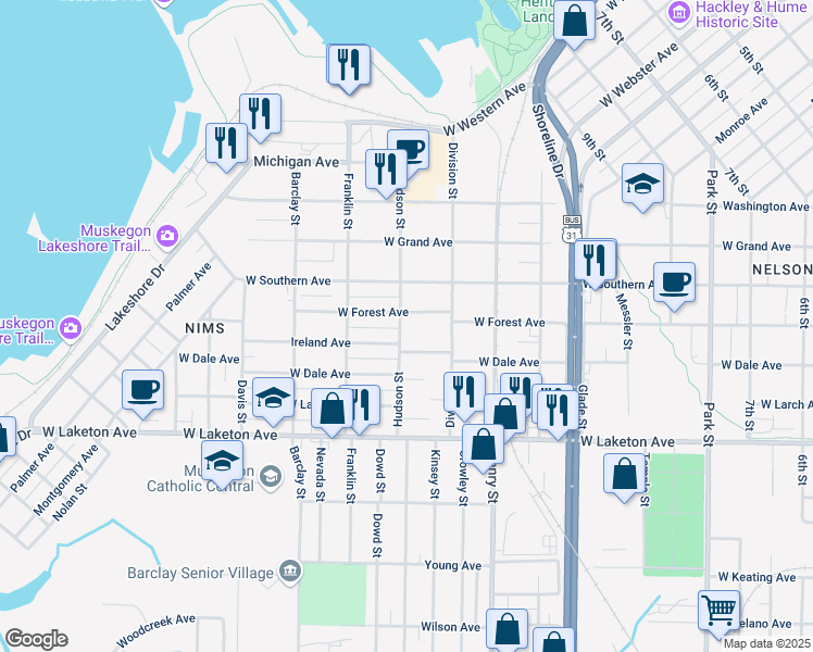 map of restaurants, bars, coffee shops, grocery stores, and more near 946 Ireland Avenue in Muskegon