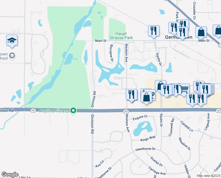 map of restaurants, bars, coffee shops, grocery stores, and more near Driftwood Court in Germantown
