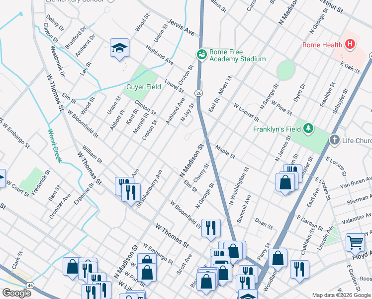 map of restaurants, bars, coffee shops, grocery stores, and more near 401 Turin Street in Rome