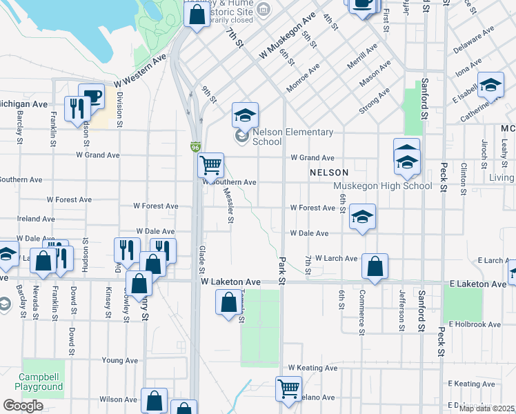map of restaurants, bars, coffee shops, grocery stores, and more near 1616 8th Street in Muskegon