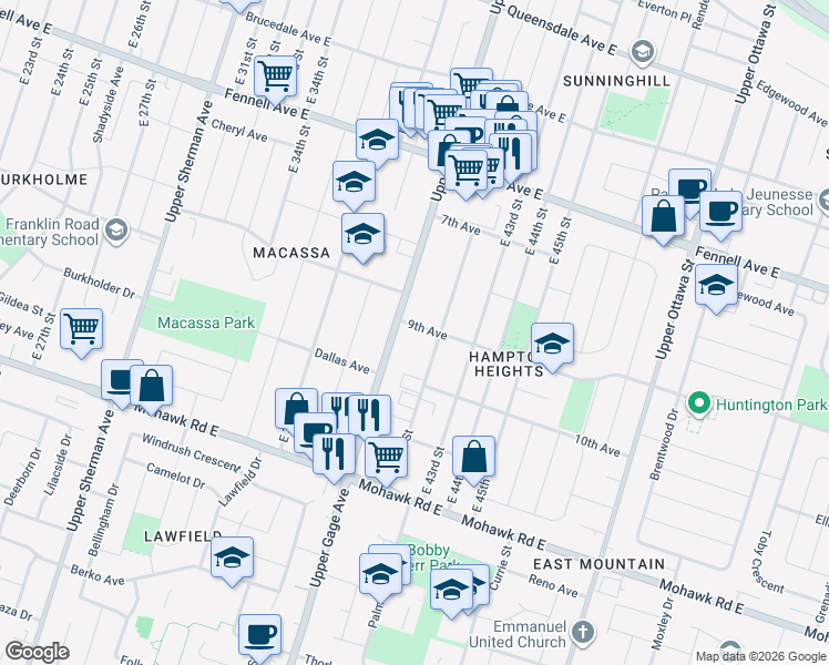 map of restaurants, bars, coffee shops, grocery stores, and more near 696 9th Avenue in Hamilton