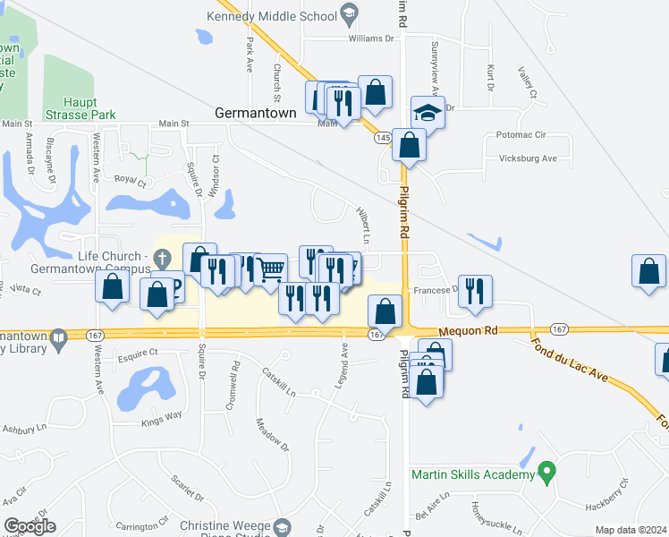 map of restaurants, bars, coffee shops, grocery stores, and more near N114W15847 Sylvan Circle in Germantown