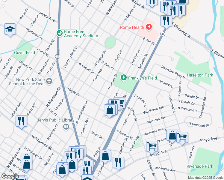 map of restaurants, bars, coffee shops, grocery stores, and more near 1000 North James Street in Rome