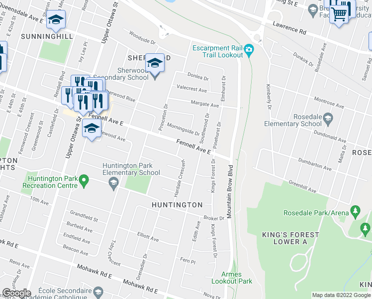 map of restaurants, bars, coffee shops, grocery stores, and more near 64 Hardale Crescent in Hamilton