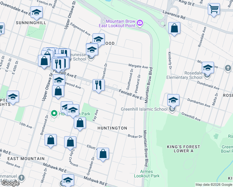 map of restaurants, bars, coffee shops, grocery stores, and more near 56 Hardale Crescent in Hamilton