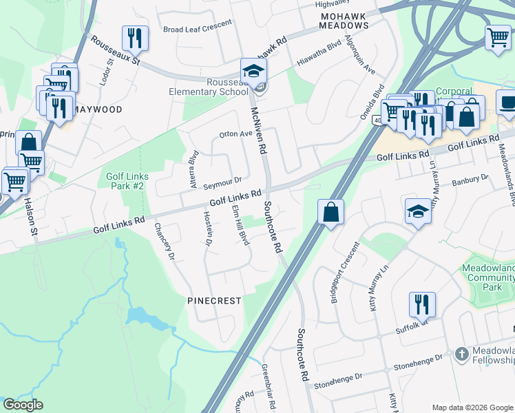 map of restaurants, bars, coffee shops, grocery stores, and more near 26 Southcote Road in Hamilton