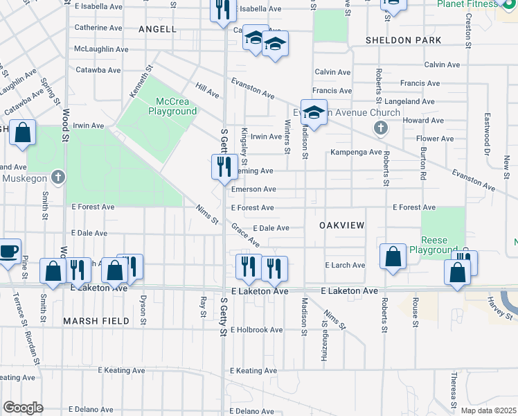 map of restaurants, bars, coffee shops, grocery stores, and more near 884 East Forest Avenue in Muskegon