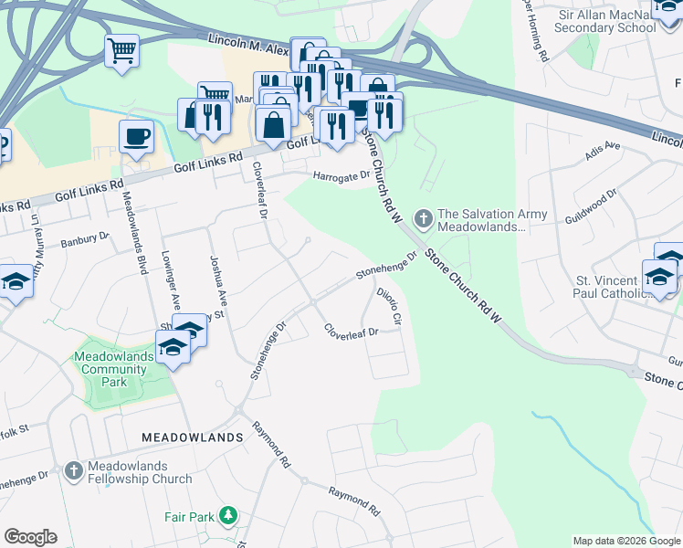 map of restaurants, bars, coffee shops, grocery stores, and more near 582 Stonehenge Drive in Hamilton