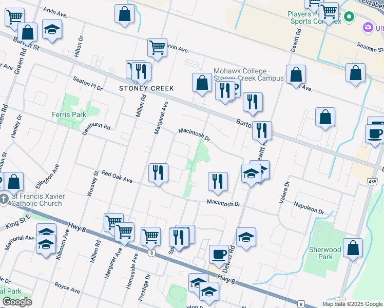 map of restaurants, bars, coffee shops, grocery stores, and more near 24 Bing Crescent in Hamilton