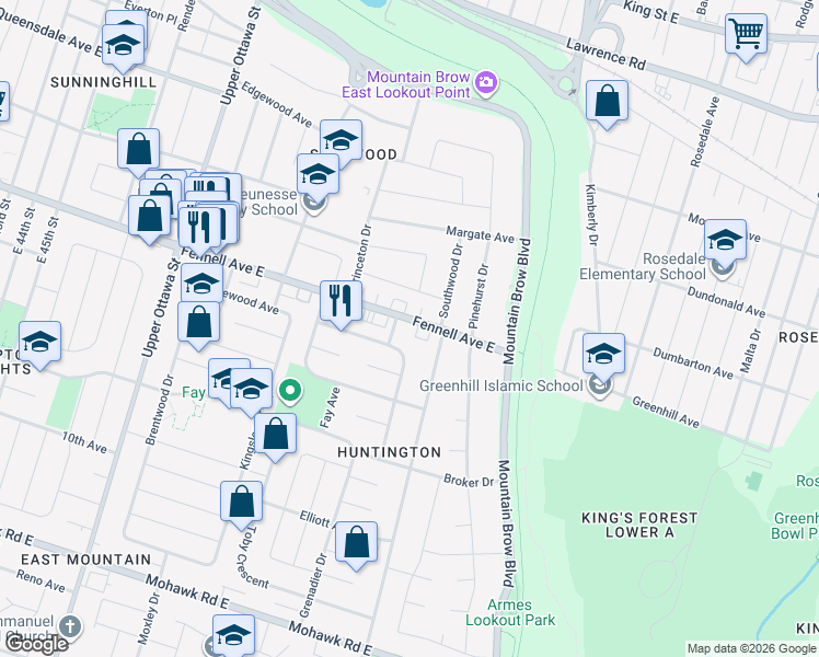 map of restaurants, bars, coffee shops, grocery stores, and more near 1286 Fennell Avenue East in Hamilton