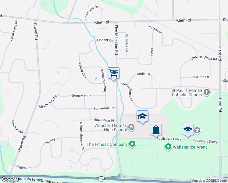 map of restaurants, bars, coffee shops, grocery stores, and more near 757 Five Mile Line Road in Webster