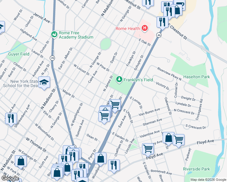map of restaurants, bars, coffee shops, grocery stores, and more near 150 East Locust Street in Rome