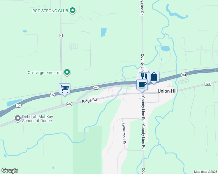map of restaurants, bars, coffee shops, grocery stores, and more near Ridge Road Junction in Monroe County